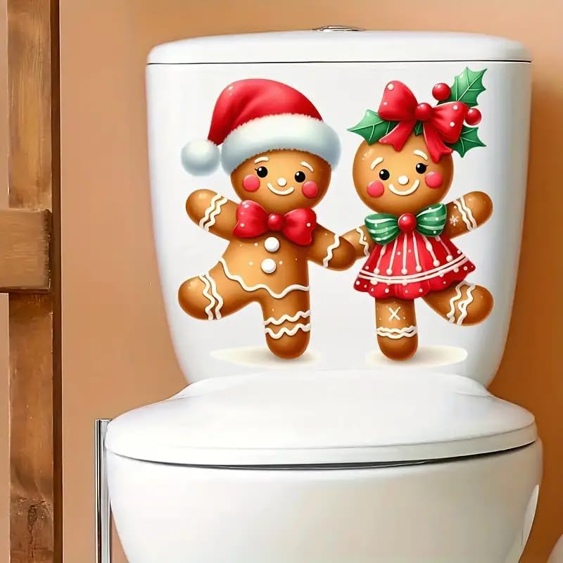 DIDOSOFT Festive Christmas Gingerbread Man Toilet Cover Sticker Decals,Fish Bird Flower Leaf Waterproof Toilet Lid Tank Seat Decals Cistern Self-Adhesive Bathroom Wall Sticker - Image 1